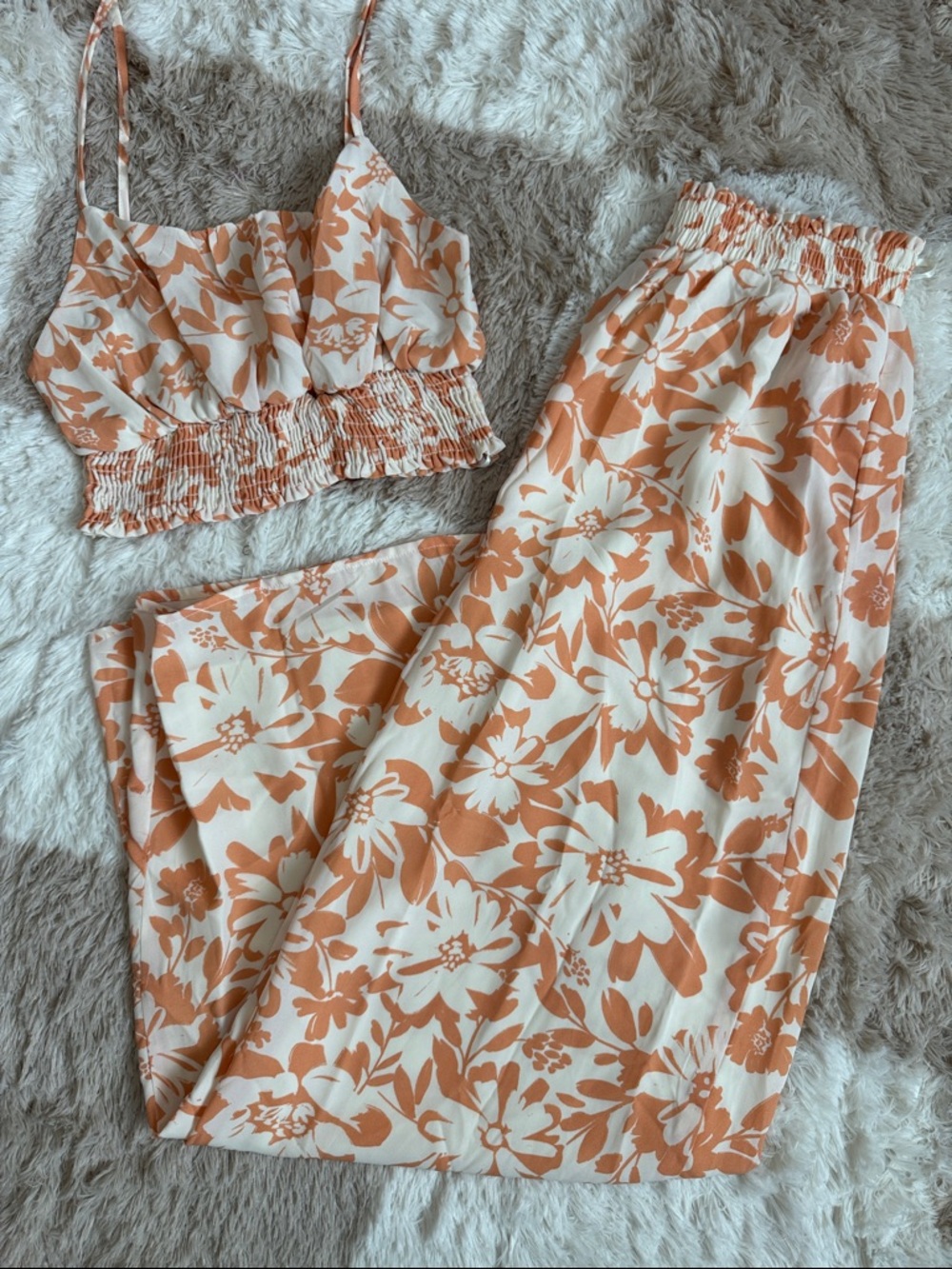 Pink Lily Floral Wide Leg Pants & Crop Tank Set in Peach and Cream